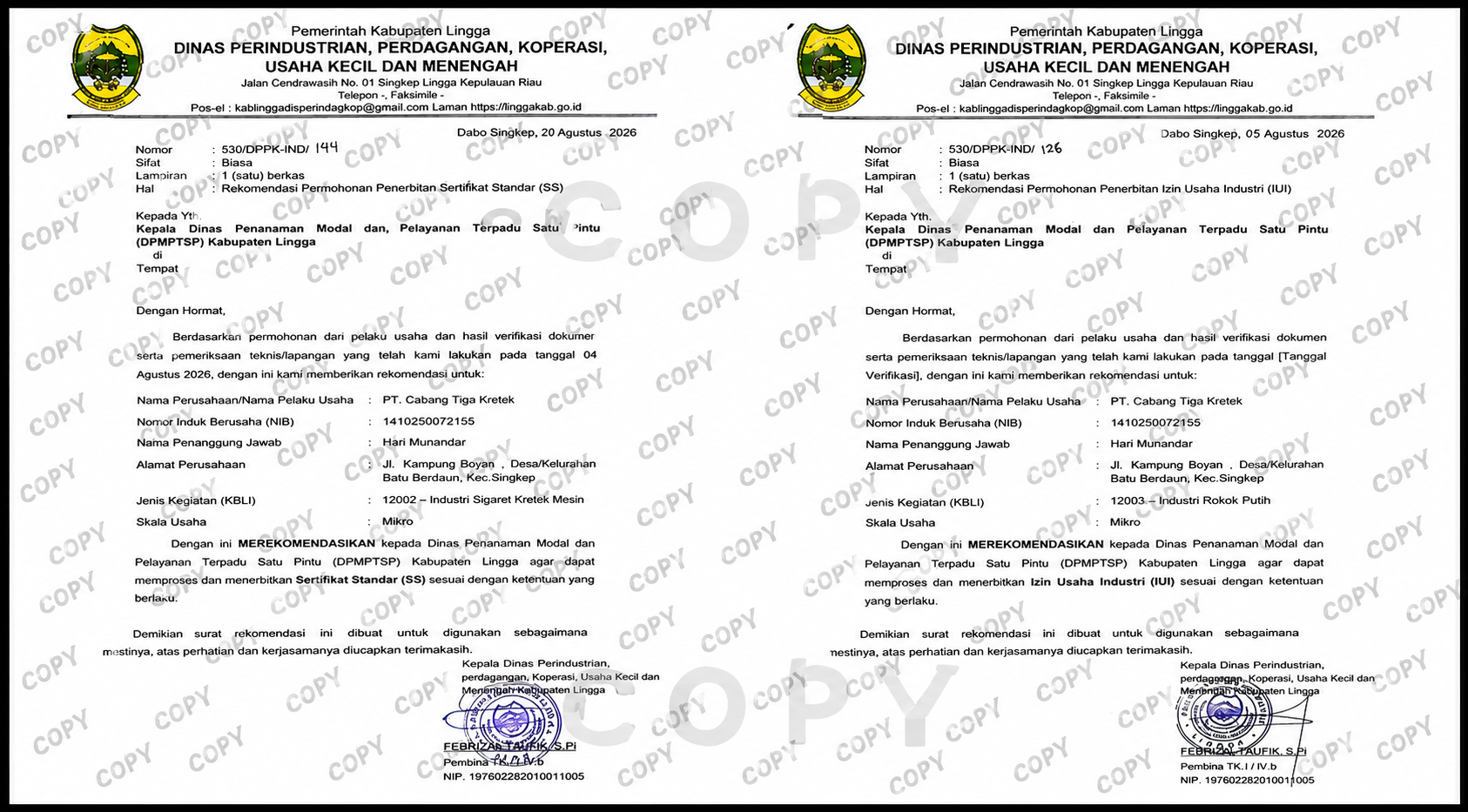 Dokumen perizinan industri PT. Cabang Tiga Kretek